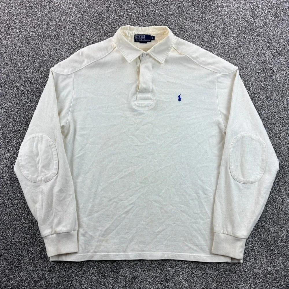 Vintage Polo Ralph Lauren Rugby Shirt Mens L White Elbow Patches Pony Logo